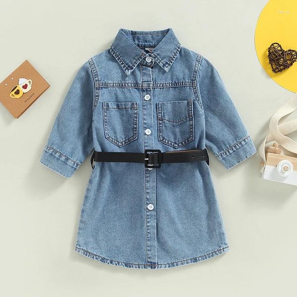 Robes pour filles, boutons à revers, manches longues, décontractées, en Denim, ceinture de taille, tenues à la mode pour enfants, printemps et été