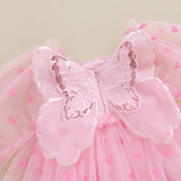 Vestidos de niña para niños pequeños Manga de malla Manga Glitter Heart Print Butterfly Wings Tulle Tutu Dress Princess Cumpleaños