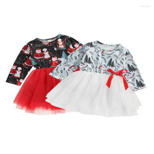 Robes de fille Toddler Baby's Clothes Infant Christmas Tulle Dress Girls Cartoon Print Long Sleeve Round Neck With Bow Ensemble de vêtements pour enfants