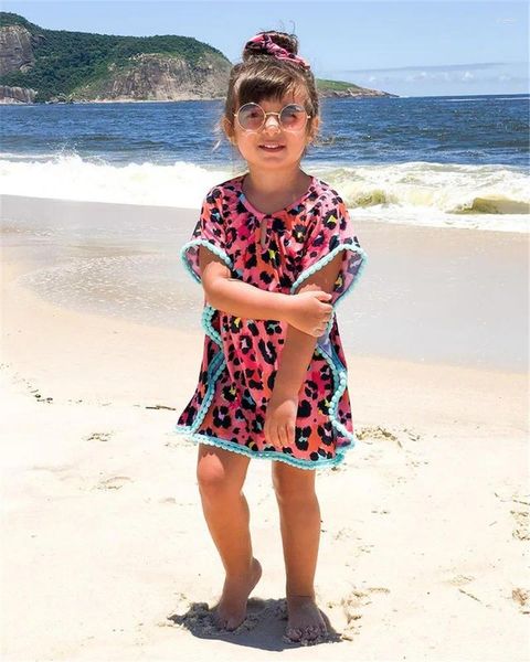 Robes de fille Toddler Baby Swim Cover-up Léopard / imprimé blanc Tassel Sundress Pompom Beach Mailwwear Cops Ups Summer Clothes Tenues 0-5T