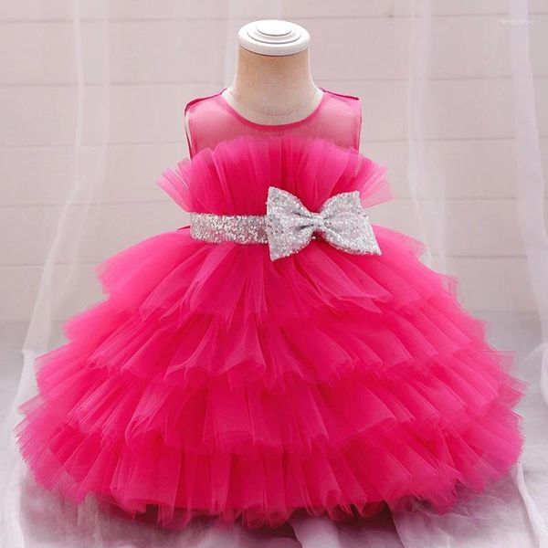 Robes de cérémonie en dentelle pour filles, tenue de cérémonie Rose, pour anniversaire de 1 an, vêtements de baptême, princesse, avec nœud, robe de bal