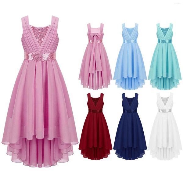 Robes de fille en bas âge fleur anniversaire robe en Tulle haut-bas ourlet robe de mariée enfants vêtements de fête princesse Sequin bébé nœud papillon