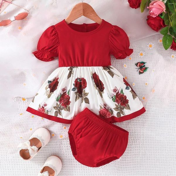 Robes de fille Toddler Flower Print Dress Briefs Suit Summer Puffed Sleeves A Swing 2pcs Just One You Baby