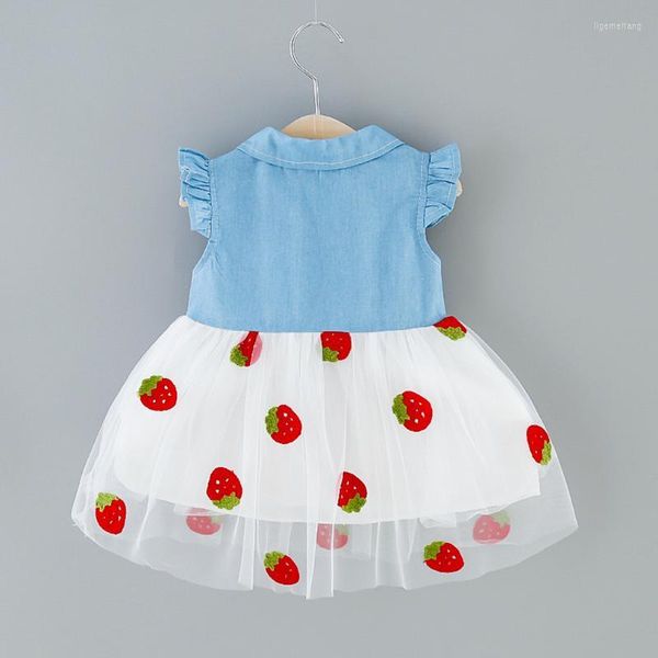 Vestidos de niña para niñas pequeñas, vestido de princesa de tul con estampado de fresa y empalme de mezclilla con lazo, ropa informal de verano para bebés Ma8