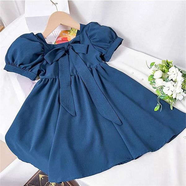 Robes de fille en bas âge filles bleu solide motif robe cravate au dos quotidien décontracté ensemble pour chemise à fleurs