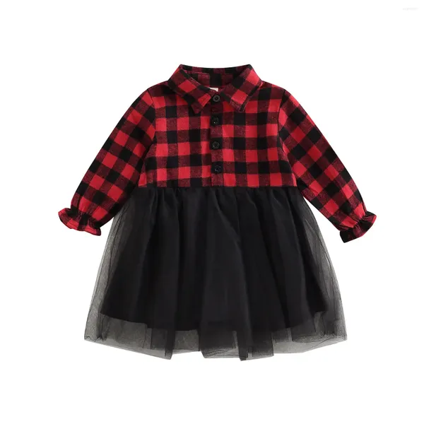 Vestidos para niñas, vestido informal para niñas pequeñas, Navidad de 0 a 4 años, cuello de solapa, manga larga, medio botón, malla de tul, camisa a cuadros de retales