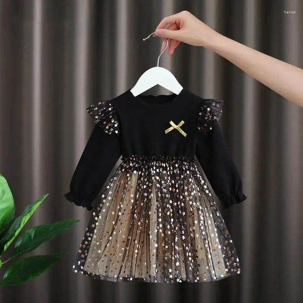 Robes de fille en bas âge filles vêtements printemps automne doux à manches longues maille noire étoile robe de princesse mignon coton enfants 1-6Y robes