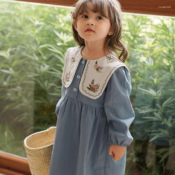 Vestidos para niñas, vestido para niñas pequeñas, primavera Otoño, manga larga, solapa bordada, ropa de princesa para niños, moda coreana, 2-7 años