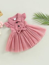 Vestidos de niña Vestido de algodón con mangas con volantes y estampado floral para niñas pequeñas con acento de lazo y falda de tul