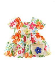 Robes pour filles Robe de princesse à col carré et imprimé floral pour tout-petits filles avec manches à volants et sac assorti en tissage de paille