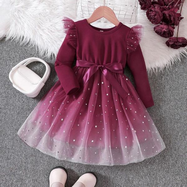 Robes de fille en bas âge filles robe en Tulle dégradé à manches longues paillettes maille enfants princesse Pageant robe de fête automne enfants vêtements