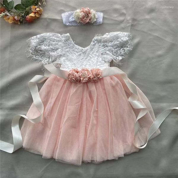 Vestidos de niña, vestido de novia de tul hasta la rodilla de encaje para niñas pequeñas con fajas de flores, diadema, atuendo de 3 uds para vestido de fiesta