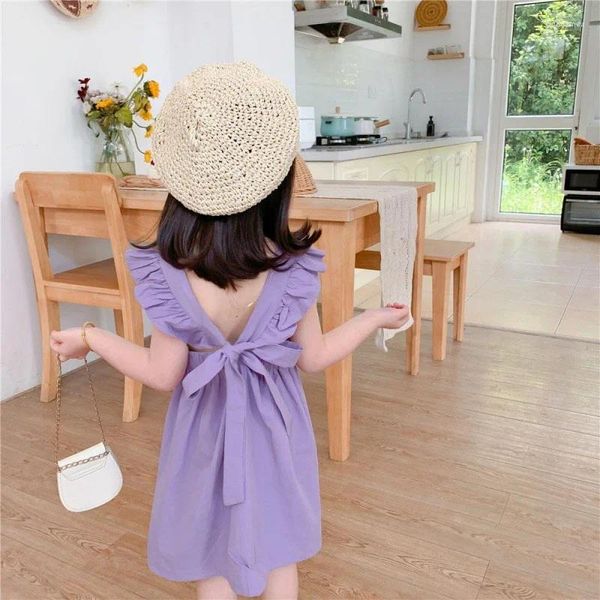 Vestidos de niña para niñas pequeñas, Vestido de princesa morado de verano con escote en V y lazo sin espalda, ropa para niños, ropa para niños