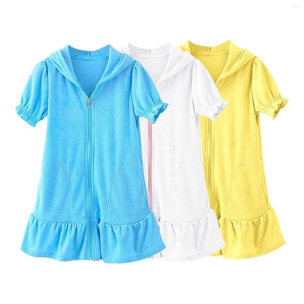 Vestidos de niña Niñas pequeñas Manga corta con capucha Color sólido Vestido con cremallera Tela de toalla para 1 a camisa de manga larga Chocolate