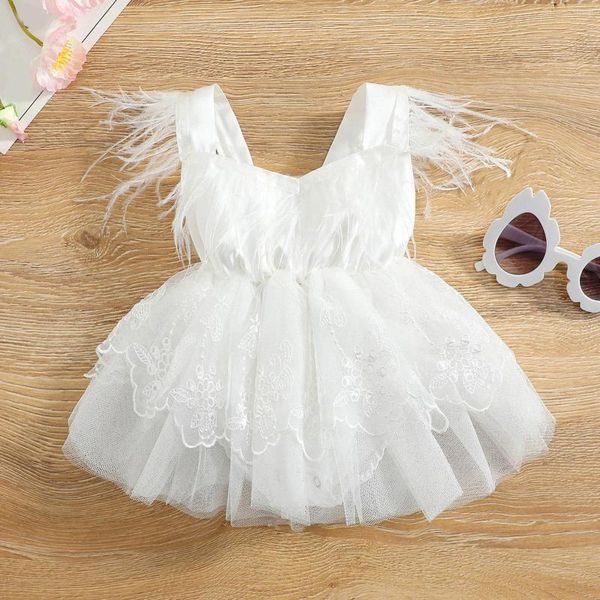 Robes de fille en bas âge filles sans manches mignon plume dentelle maille barboteuse body pour enfants vêtements mode petits justaucorps danse