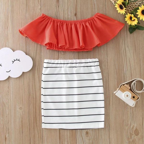 Vestidos de niña Traje para niñas pequeñas Verano Una línea Hombro Color sólido Moda Top Rayas Adolescentes Ropa de invierno para pantalones deportivos y camisa