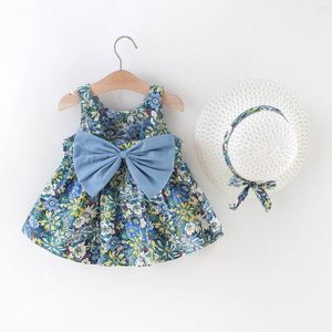 Robes d'été pour filles, vêtements d'été pour enfants, sans manches, avec nœud papillon, bretelles, chapeau, vêtements pour bébés
