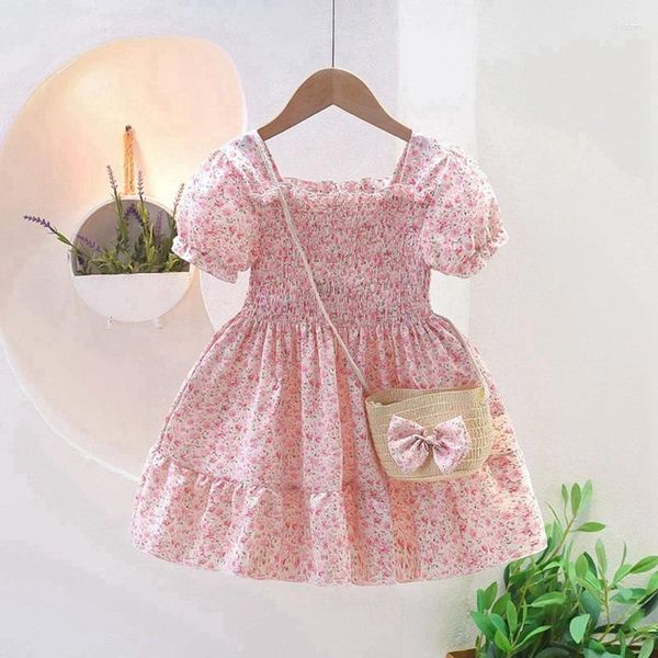 Fille robes pour tout-petit filles d'été floral manche courte bébé doux décontracté vestimentes de jupe à la longueur du genou avec un sac