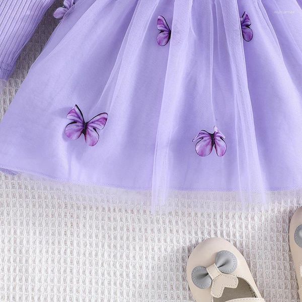 Vestidos de niña Vestido de tutú de tul para niñas pequeñas Lindo Manga larga Cuello redondo Mariposa Malla Princesa Una línea