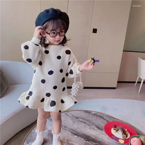 Robes de fille en bas âge filles robe pull chaude 2024 hiver enfants coréens épissage plissé enfants à pois imprimés vêtements décontractés