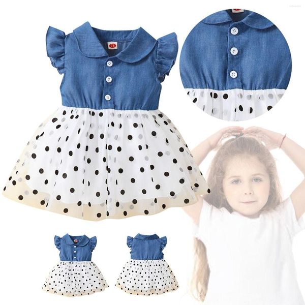 Robes de fille enfant en bas âge bébé enfants bébé filles été Cowboy petite manche volante couture vague Dot imprimer en petite robe de princesse enfant