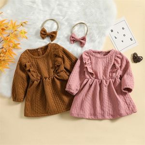 Fille Robes Toddler Kid Bébé Automne Robe Douce Couleur Unie Twist Jacquard À Manches Longues Col Rond Tunique A-Line Arc Bandeau 6M-4T