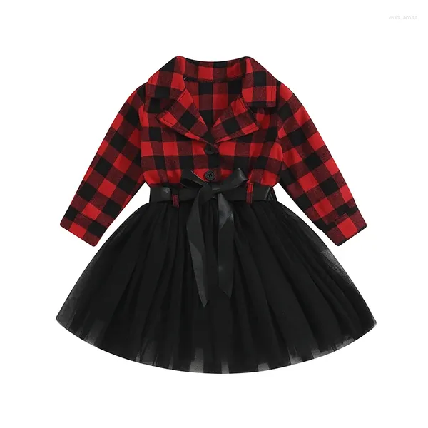 Robes de fille en bas âge enfants bébé robe de noël flanelle Plaid à manches longues Tulle dentelle jupe Tutu tenues de princesse