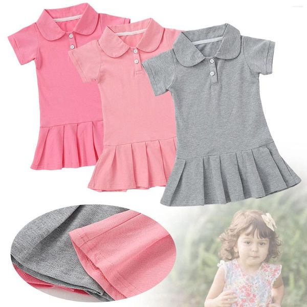 Vestidos de niña Vestido plisado de color sólido con solapa de manga corta para niños pequeños para niñas de 1 a 7 años Brillante hermoso