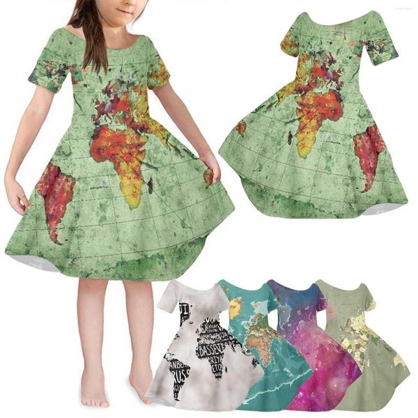 Vestidos de niña Vestido de manga corta con cuello redondo y estampado de mapa para niños pequeños de 1 a 6 años