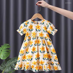 Meisje jurken peuter zomerkleding prinses katoenen bloemenjurk gele bloem korte mouw kinderkinderen 1-7 jaar baby outfit