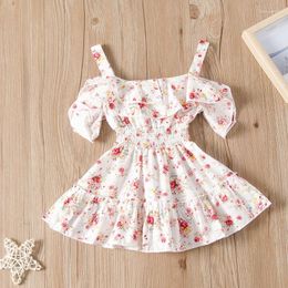 Robes de fille enfant en bas âge été rétro robe à imprimé floral épaule froide manches papillon encolure bateau garniture à volants belle robe de princesse1