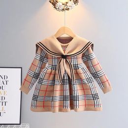 Robes pour filles, pull-over chaud, à carreaux, avec nœud tricoté, Style collégien, pour enfants de 0 à 7 ans, collection automne-hiver 2024