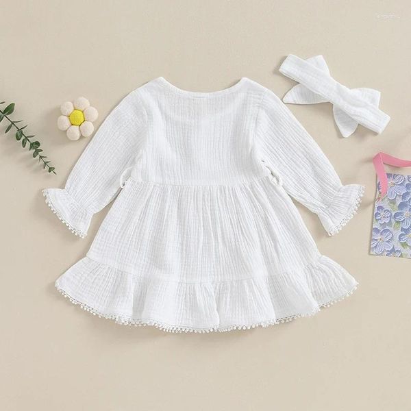 Robes de fille enfant en bas âge robe blanche à manches longues à volants une ligne gland ourlet printemps automne tenue bandeau 2 pièces