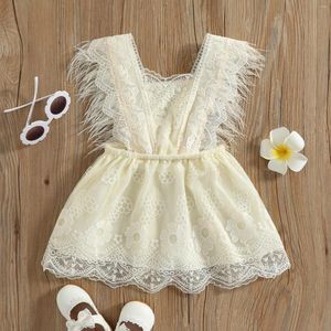Robes de fille tout-petits enfants bébé filles robe de princesse dentelle Crochet motif plume décoration 6M-4T