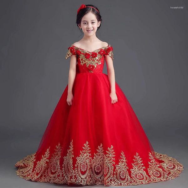 Robes de fille traînant fleur pour les mariages robe de soirée princesse en dentelle rouge Tutu paillettes appliquées enfants robe de première Communion