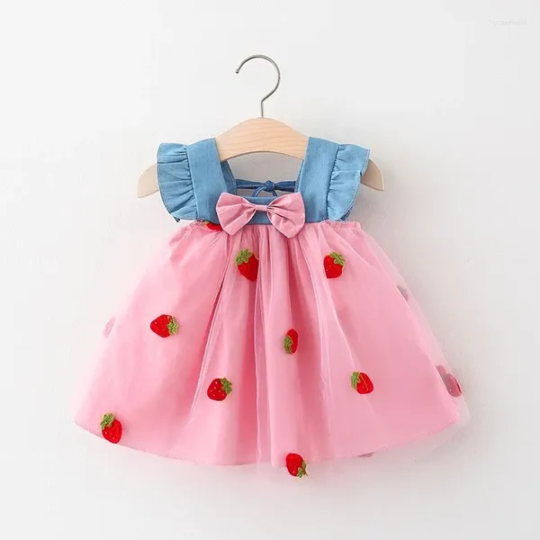 Robes d'été pour filles, Design tendance, avec nœud en fraise, jupe en fil de Denim, vêtements pour enfants, robe de princesse de Style coréen, 2024