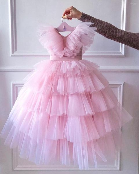 Robes de fille Tulle Blush rose fleur longueur de plancher volants petite robe de mariée Communion anniversaire Poshoot robes