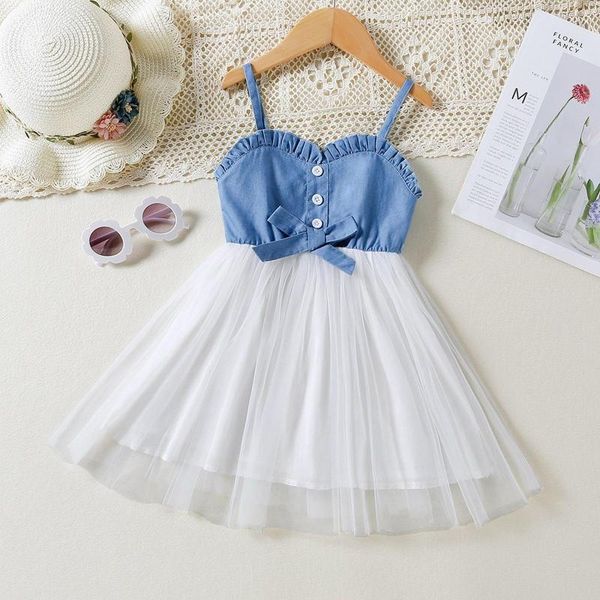 Fille robes robe en tulle bébé filles fête princesse enfant en bas âge Spaghetti sangle sans manches Denim maille Patchwork Tutu doux Vestidos