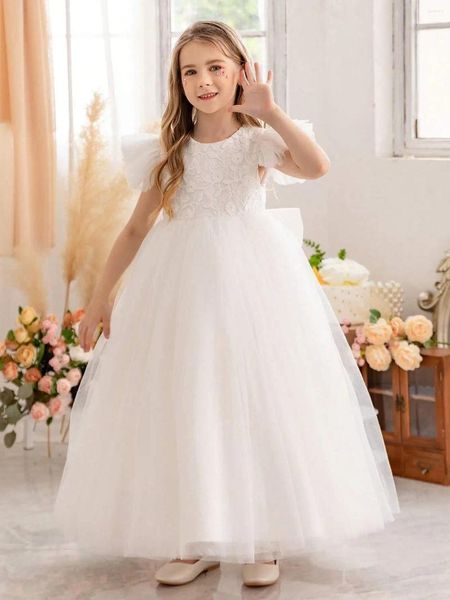 Robes de fille Tulle robe à fleurs pour mariage élégant dentelle appliquée avec grand nœud princesse enfants fête d'anniversaire soirée robe de bal