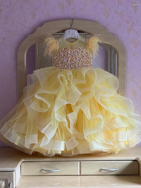 Robes de fille Tulle robe de fleur pour les mariages soirée fête Pageant première communion princesse enfants manches illusion couches bouffantes robe de bal