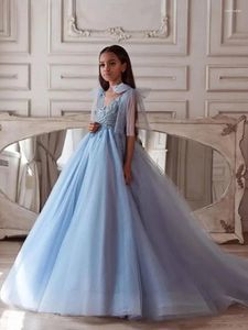 Robes de fille Tulle robe de fleur moelleuse sans manches appliques avec nœud pour mariage bleu ciel princesse fête d'anniversaire robes de première communion