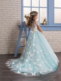 Vestidos de niña con estampado de encaje de tul, decoración de mariposas, flores de princesa, fiesta de boda, baile, desfile de belleza, vestidos de primera comunión