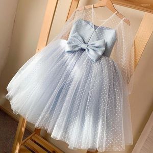 Meisje jurken tule gezwollen bloemen blauw illusie feest kind trouwjurk met grote boog voor bruiloften