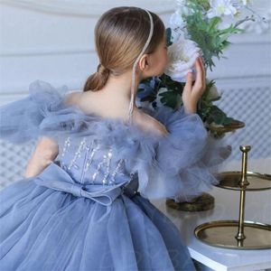 Vestidos de niña, tul, volantes, flores, lentejuelas brillantes para boda, princesa, hombros descubiertos, longitud hasta la rodilla, vestidos de fiesta de primera comunión