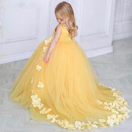 Robes de fille Tulle jaune gonflé fleur pour mariage mignon princesse enfants brillant soirée première Communion petite mariée robe de bal