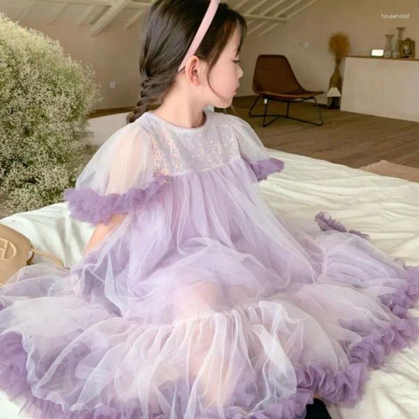 Vestidos de niña TuTu Gilr vestido morado de verano de manga corta lentejuelas diseño de telas combinadas con lazo niños elegante malla fiesta infantil Wz697