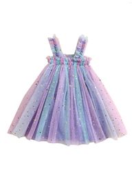 Robes Fille Txlixc Enfants Filles Fairycore Sling Dress Bébé Vêtements D'été Enfants Sans Manches Sequin Étoiles Coloré Tulle Tutu A-ligne