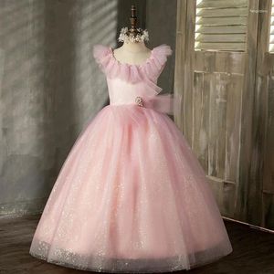 Robes de fille U-cou tempérament élégant Robe de bal longue princesse taille mince sans manches fleur filles Robe volants enfants Robe d'anniversaire