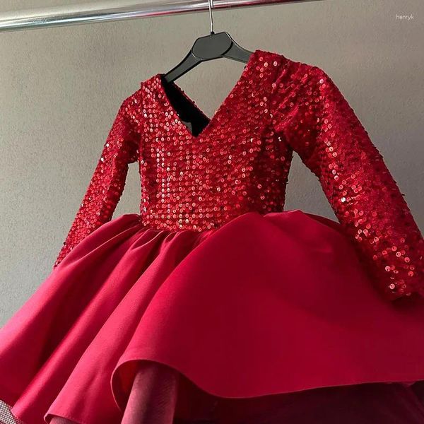 Vestidos de niña con cuello en V, manga larga, vestido de baile con lentejuelas, diseño de princesa plisado, Vestidos de fiesta de cumpleaños, vestido sólido de flores para niñas