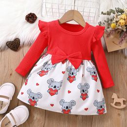 Robes de fille Saint Valentin robe mignonne enfant en bas âge filles hiver à manches longues côtelé rouge Koala amour imprimé arc fête princesse robe